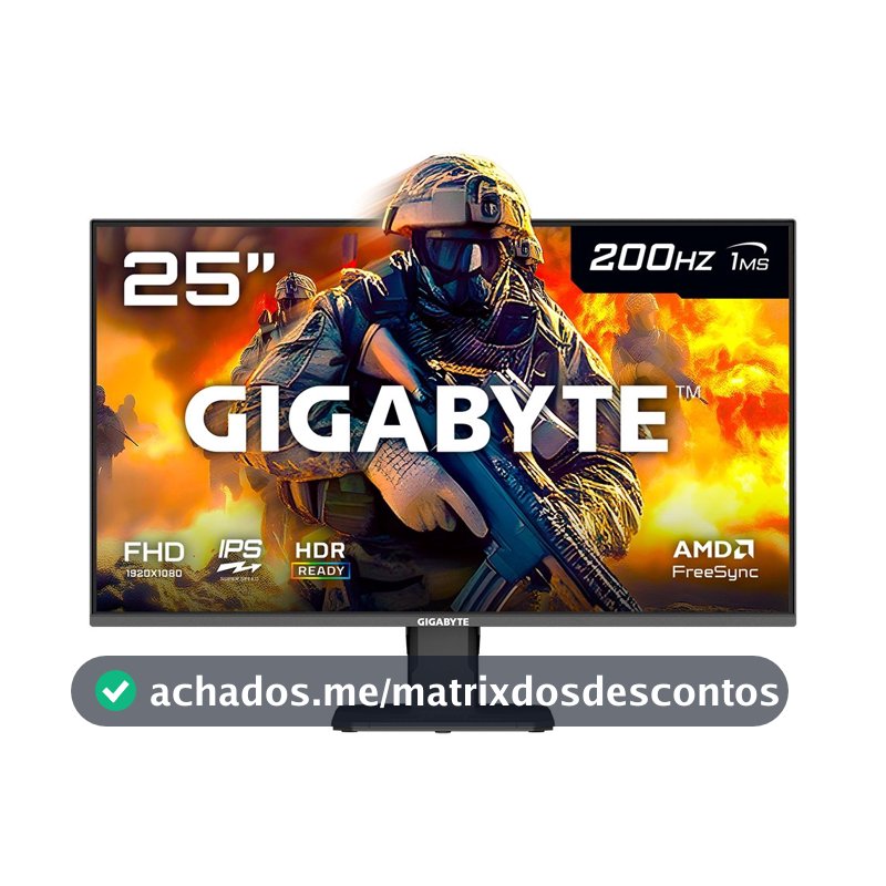 Monitor Gamer Gigabyte 25", FHD, 200Hz, 1ms, IPS, VRR, FreeSync Premium, HDR 10, Alto-falante Embutido - GS25F2-SA