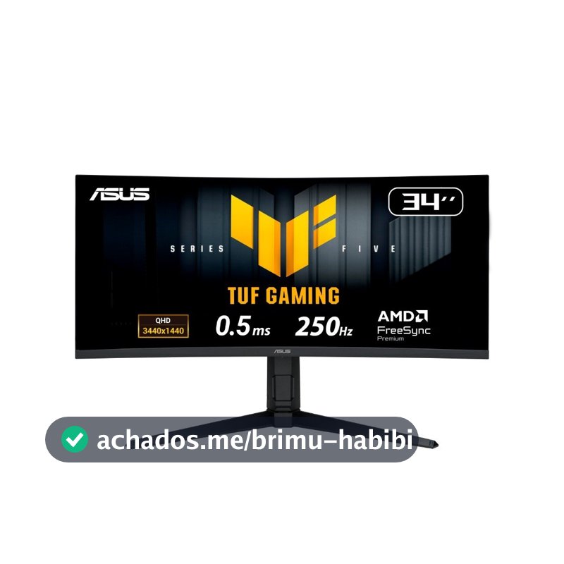 Monitor Gamer Curvo ASUS TUF 34", WQHD, 250Hz, 0.5ms, Fast VA, FreeSync Premium, Altura Ajustável, Som Integrado, Preto - VG34WQML5A