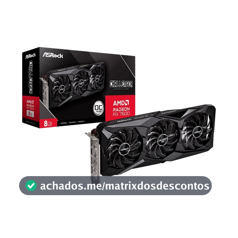 Placa de Vídeo ASRock RX 7600 Challenger PRO OC AMD Radeon, 8GB, GDDR6, Triple Fan - 90-GA62ZZ-00UANF