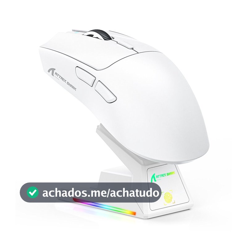 Mouse Gamer sem Fio Attack Shark X1, Ultraleve, com Base de Carregamento Magnético RGB, Tri-Mode, 40.000 DPI, Sensor Óptico PAW3395 PRO, 6 Botões - Branco
