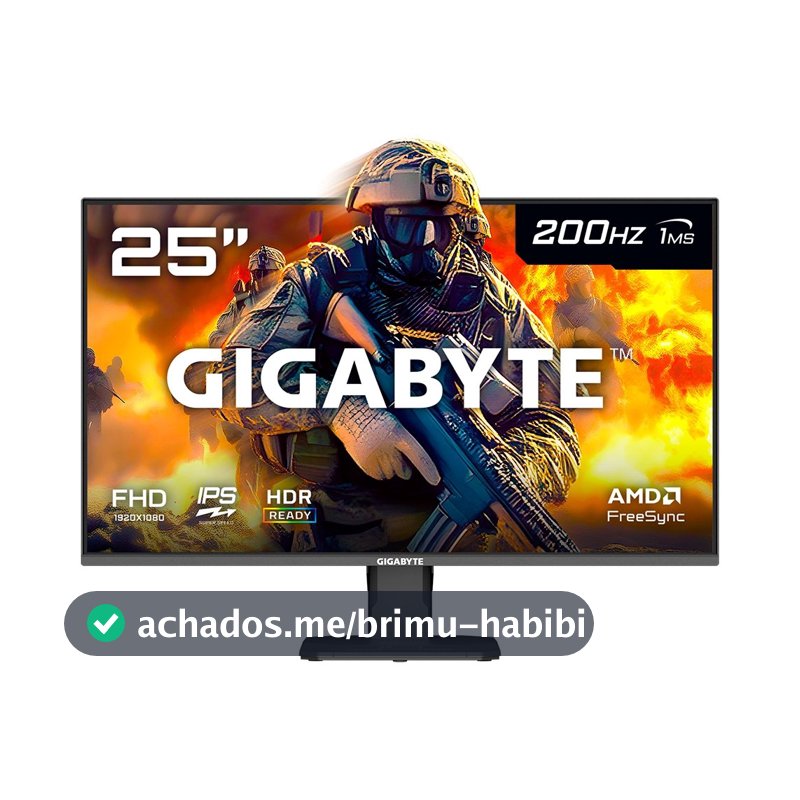Monitor Gamer Gigabyte 25", FHD, 200Hz, 1ms, IPS, VRR, FreeSync Premium, HDR 10, Alto-falante Embutido - GS25F2-SA