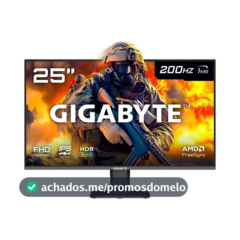 Monitor Gamer Gigabyte 25", FHD, 200Hz, 1ms, IPS, VRR, FreeSync Premium, HDR 10, Alto-falante Embutido - GS25F2-SA