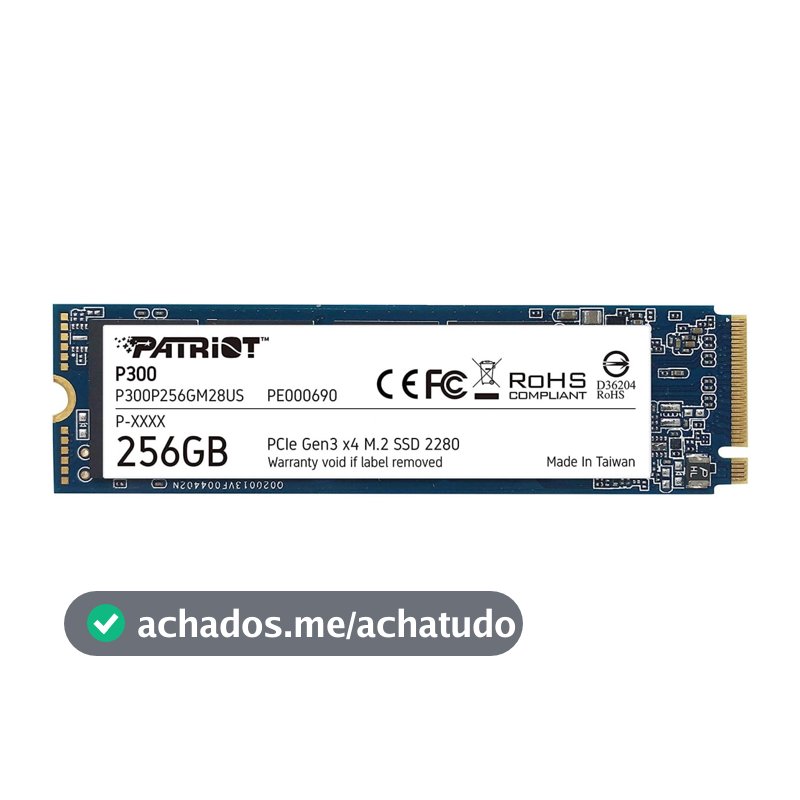 SSD Patriot P300, 256GB, M.2 NVME, Leitura 1700MBs e Gravação 1100MBs, P300P25