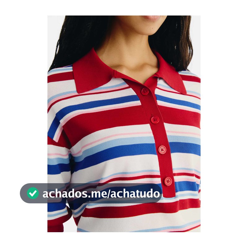 Polo Feminina Manga Curta Listrada Em Tricô - Vermelho